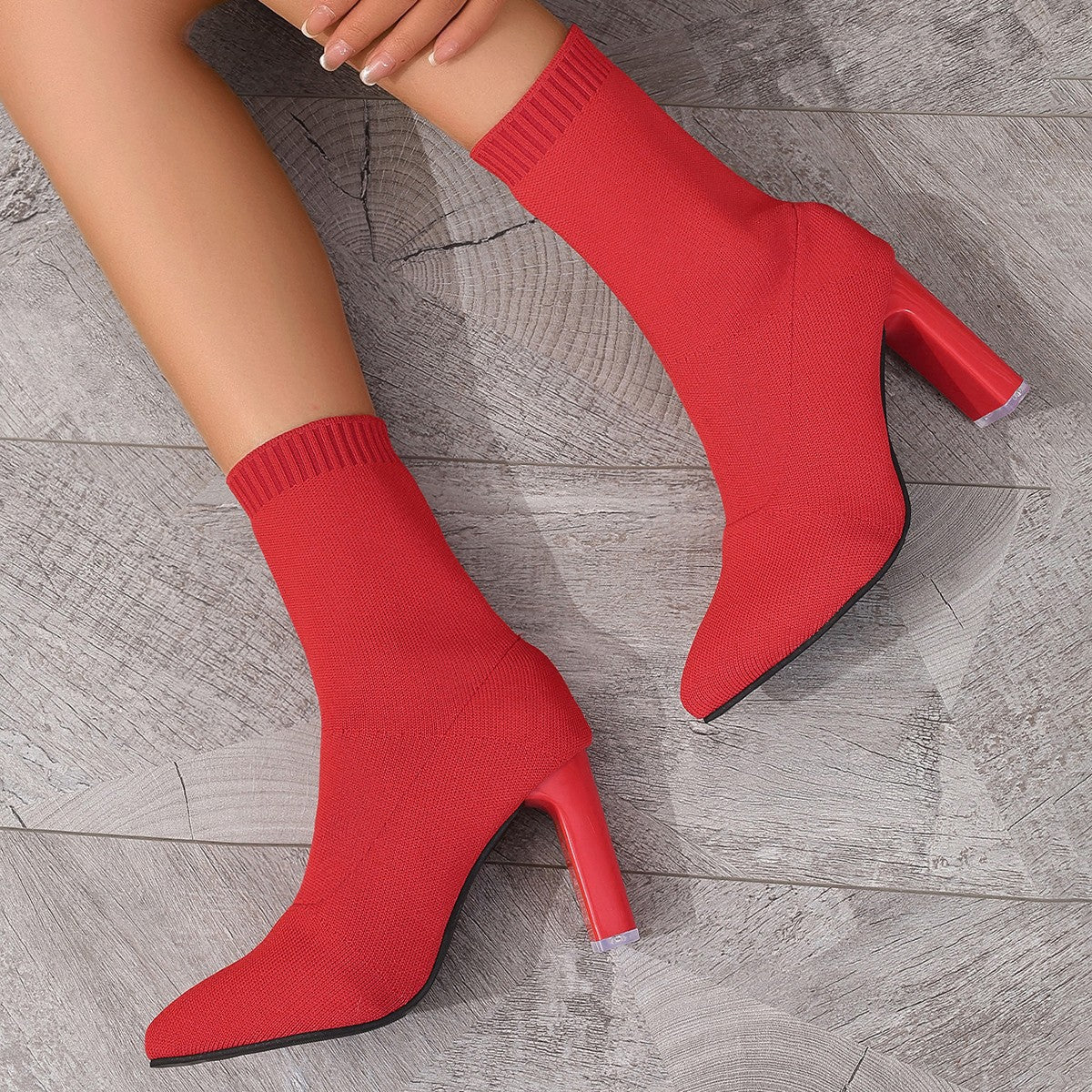 New Winter Fashion Minimalist Chunky-heeled Knitted Suede Ankle Boots With Pointed Toes For Women 