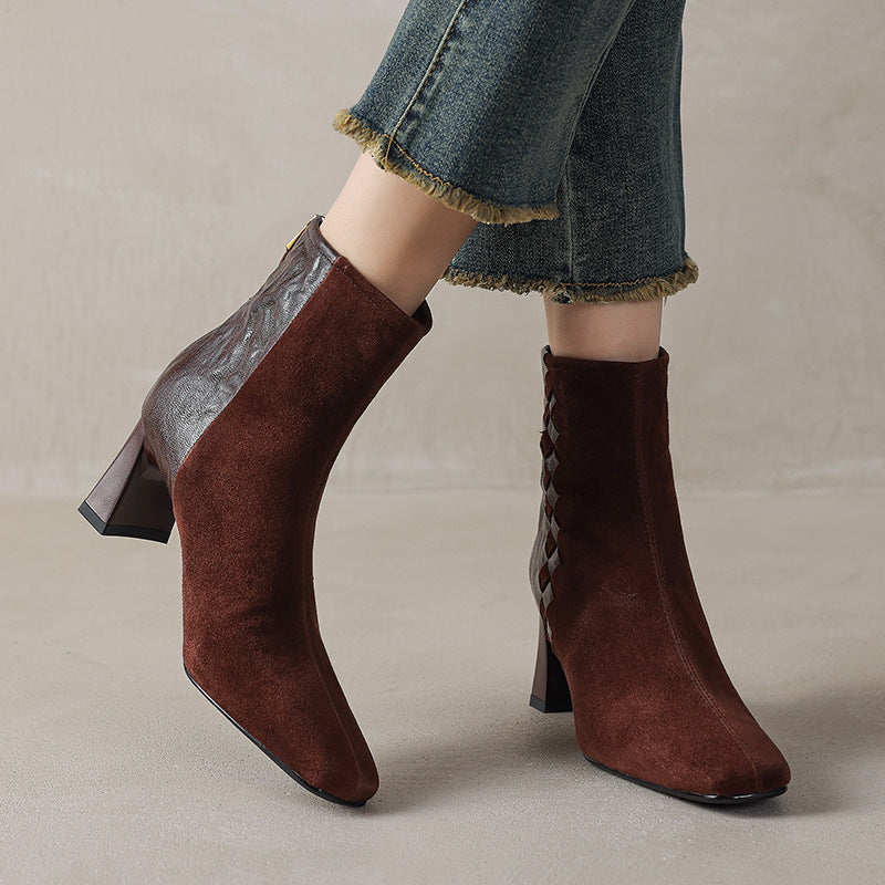 Womens Korean-style Square-toe Leather Chunky-heel Patchwork Ankle Boots 