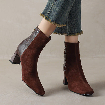 Womens Korean-style Square-toe Leather Chunky-heel Patchwork Ankle Boots 