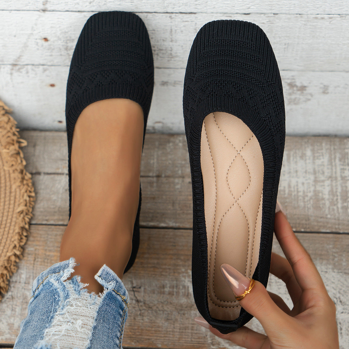 Women's Knitted Plus Size Flying Woven Breathable One Pedal Shoes 