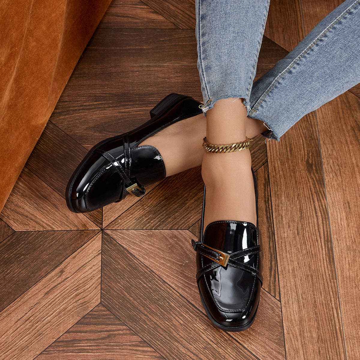 Casual All-Match Patent Leather Square Toe Leather Shoes 