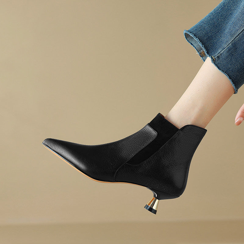 Genuine Leather Pointed-toe Kitten Heel Ankle Boots With A Sleek Mid-heel Design 