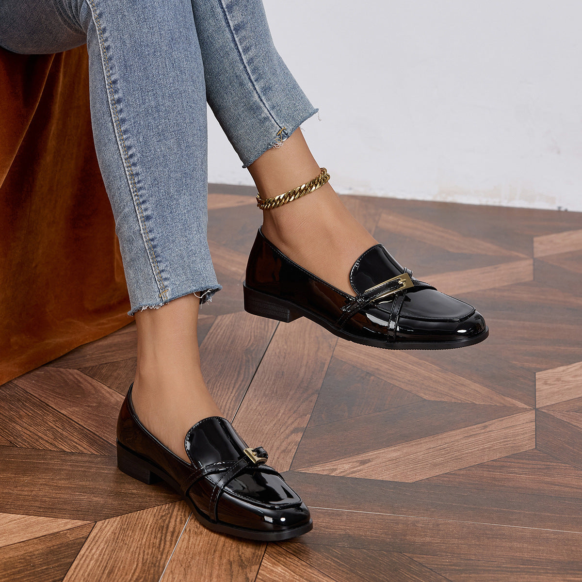 Casual All-Match Patent Leather Square Toe Leather Shoes 