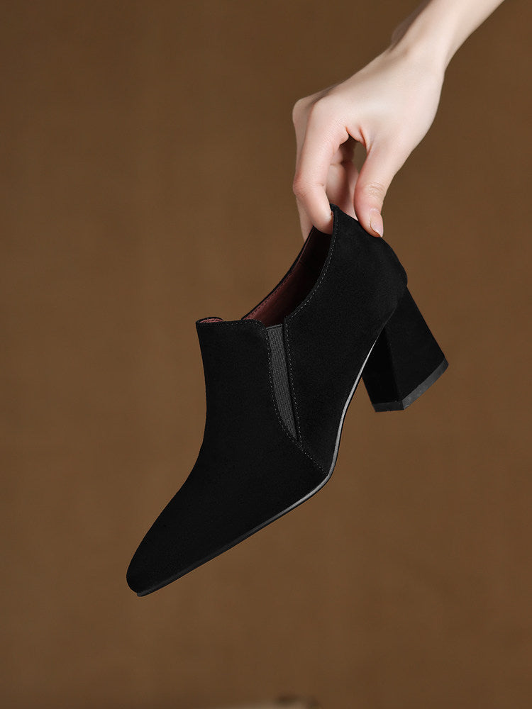 Suede-textured Deep-toe Pointed-toe Chunky-heel Shoes 