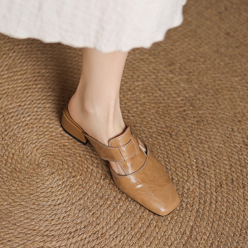 Retro Closed Toe Half Slippers Women's Summer Low Heel Thick Heel Rear Empty Sandals 