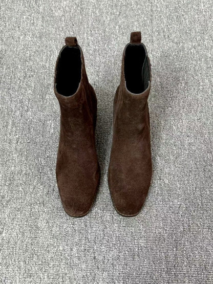 Mid-heel Chunky-heel Retro Square-toe Matte Leather Womens Boots 