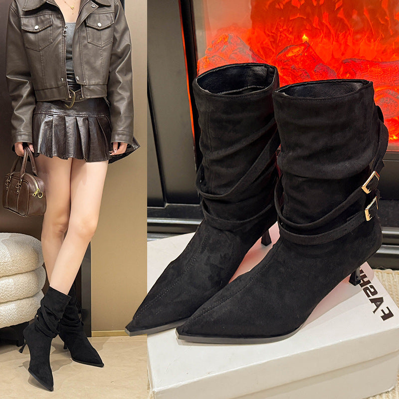 Pointed-Toe Suede Stiletto Ankle Boots Women 
