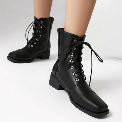 Womens Comfortable Lace-Up Square-Toe Outdoor Motorcycle Boots 