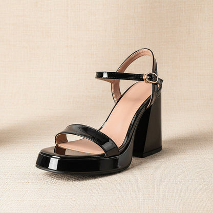 Womens Solid-color Round-toe Chunky-heel Sandals 