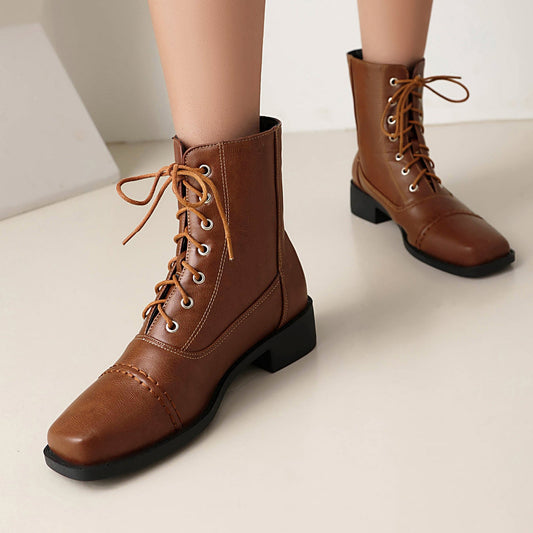 Womens Comfortable Lace-Up Square-Toe Outdoor Motorcycle Boots 