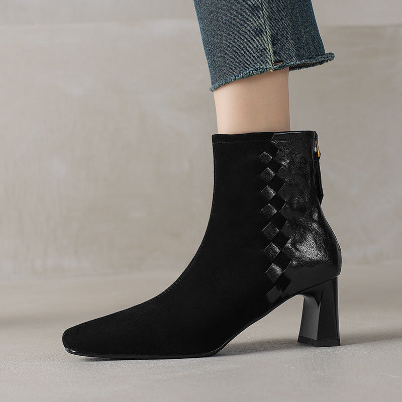 Womens Korean-style Square-toe Leather Chunky-heel Patchwork Ankle Boots 