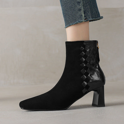 Womens Korean-style Square-toe Leather Chunky-heel Patchwork Ankle Boots 