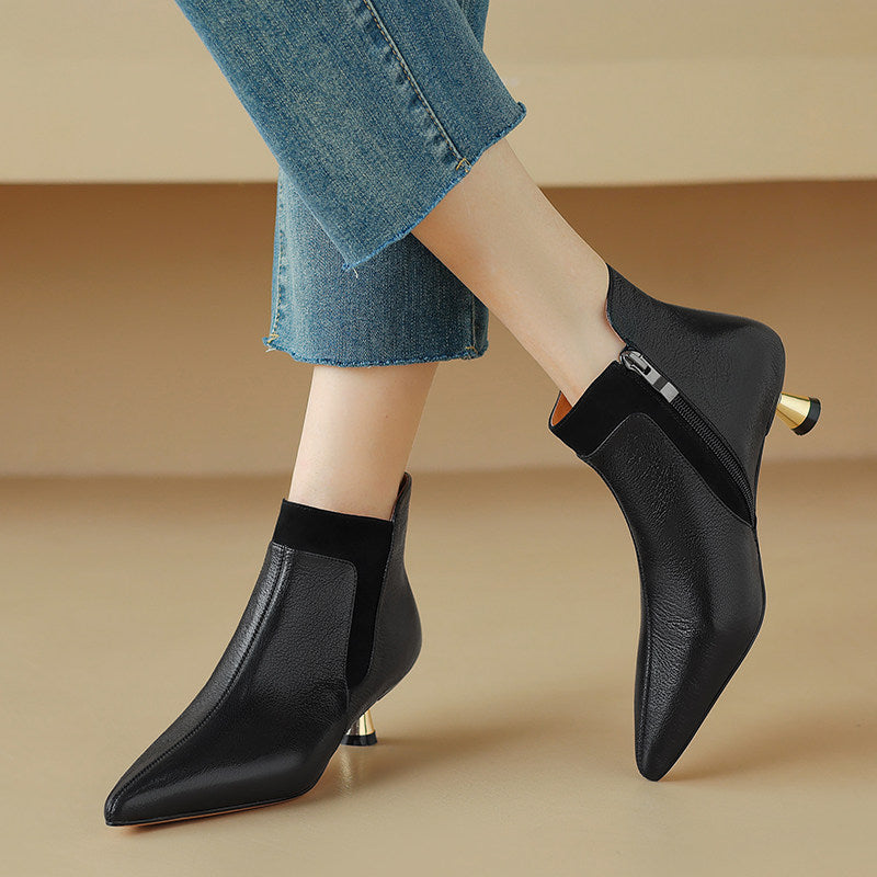 Genuine Leather Pointed-toe Kitten Heel Ankle Boots With A Sleek Mid-heel Design 