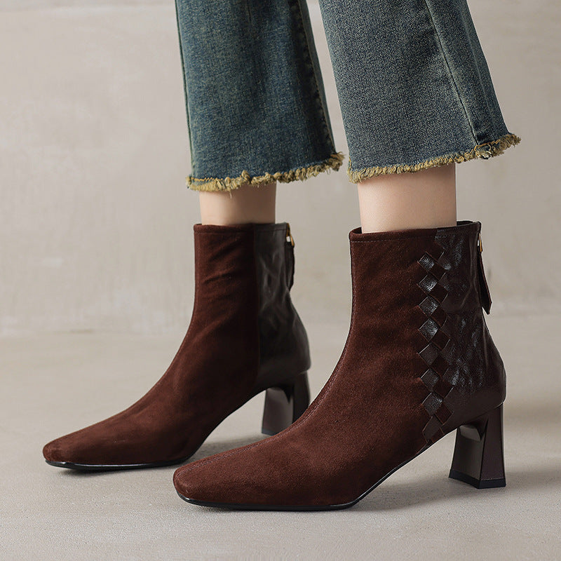 Womens Korean-style Square-toe Leather Chunky-heel Patchwork Ankle Boots 