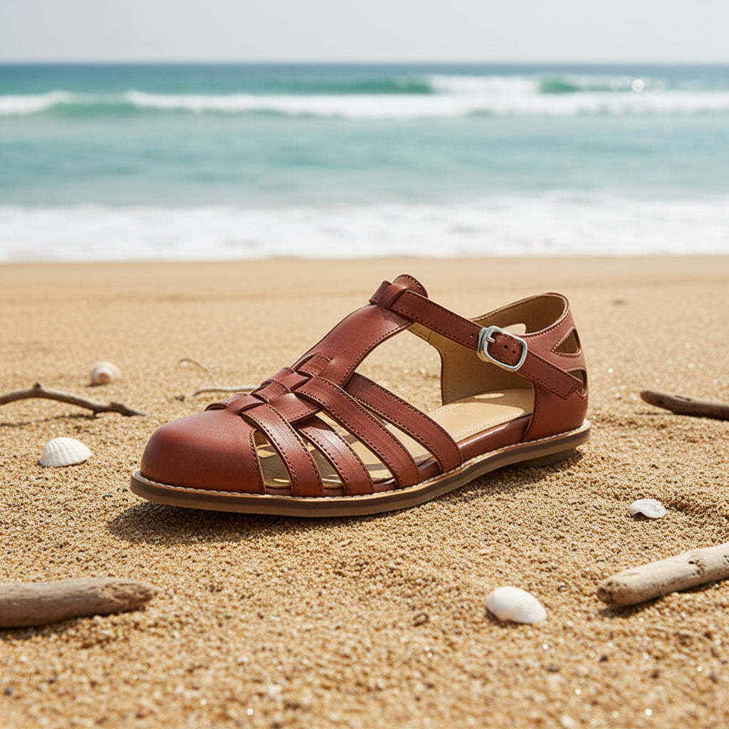 Women's Premium Washed Full Grain Leather Fisherman Sandals, Closed-Toe Woven T-Strap Flats 