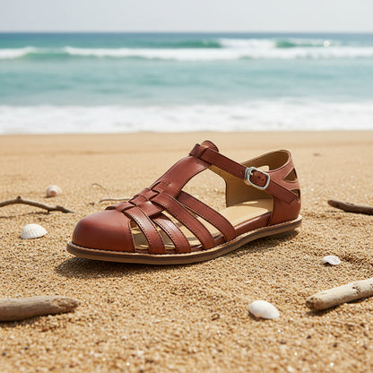 Women's Premium Washed Full Grain Leather Fisherman Sandals, Closed-Toe Woven T-Strap Flats 