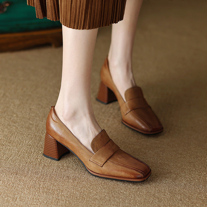 Square-toe Chunky-heel Mid-heel Low-cut Shoes 