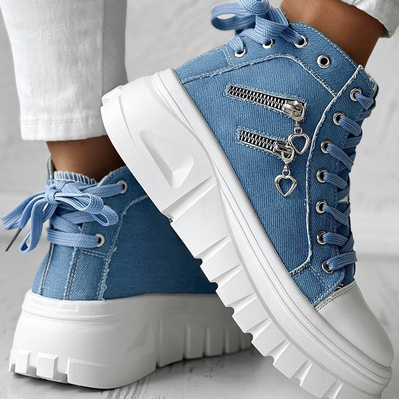 Muffin Heel Side-Zipper & Dual Lace-Up Casual Sneakers for Women CJ