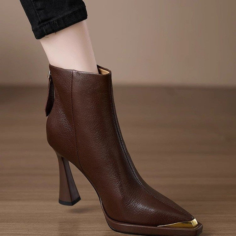AutumnWinter Europe New Pointed Toe Chunky Heel Side Zip Boots For Women 
