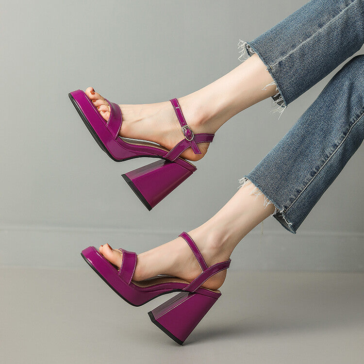 Womens Solid-color Round-toe Chunky-heel Sandals 