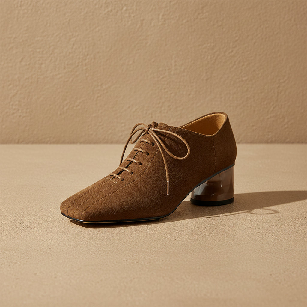 Womens New Retro Sheepskin Chunky-Heel Pumps With A Square Toe 
