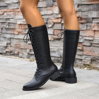 Womens Stylish Round-toe Lace-up Knee-high Boots 