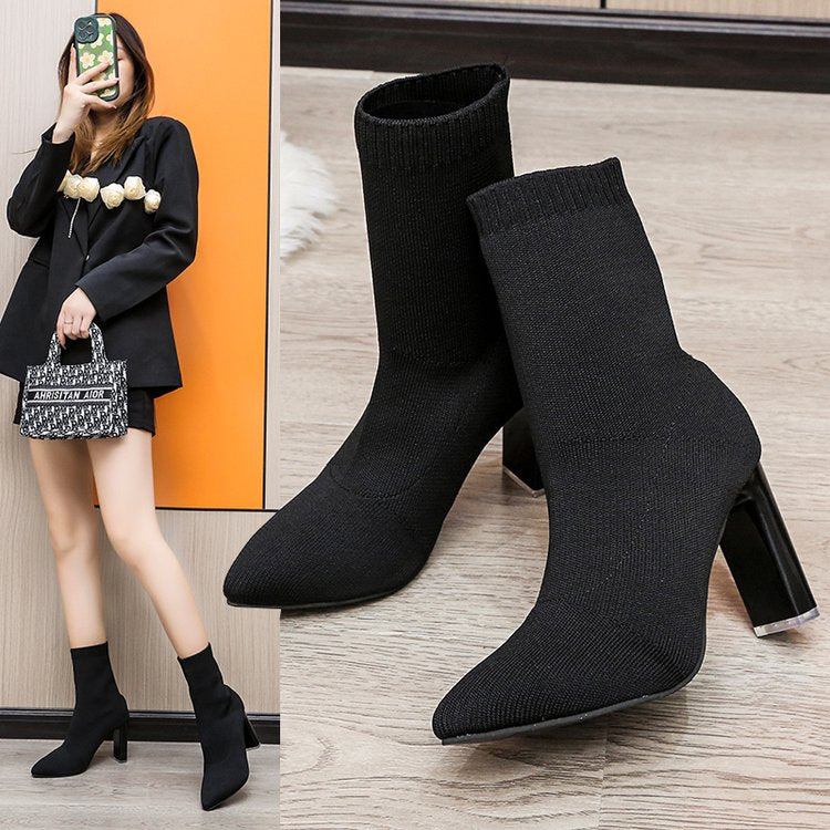 New Winter Fashion Minimalist Chunky-heeled Knitted Suede Ankle Boots With Pointed Toes For Women 