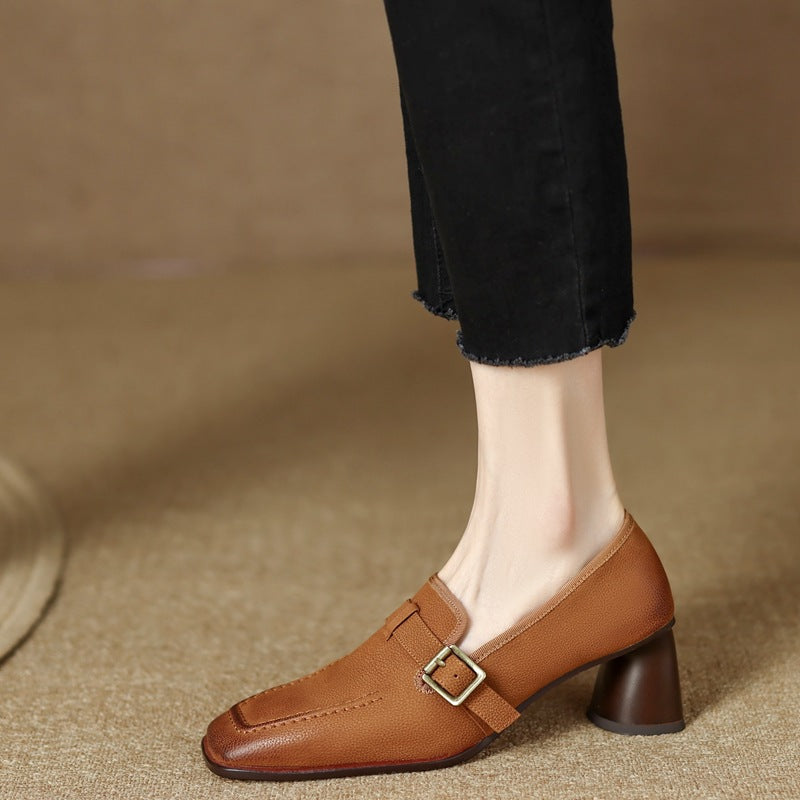 Womens Retro Brown Commuter British Style Leather Shoes With Chunky Heels 
