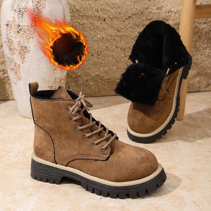 Front Lace-up Suede Ankle Boots With Fleece Lining 