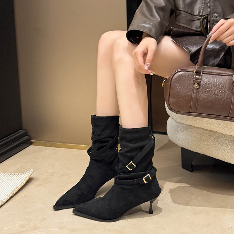 Pointed-Toe Suede Stiletto Ankle Boots Women 