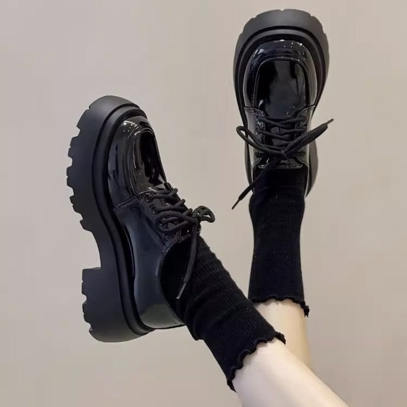 New Years Womens British-Style Chunky Sole Leather Shoes 