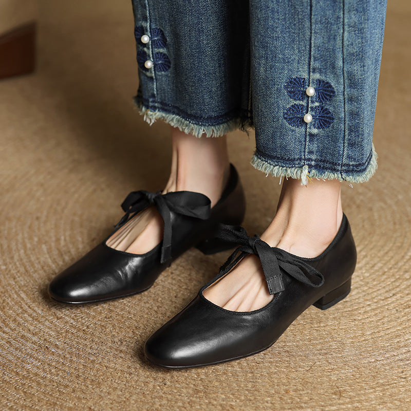 French-style Vintage Low-heeled Leather Shoes For Women Round Toe Low Cut 