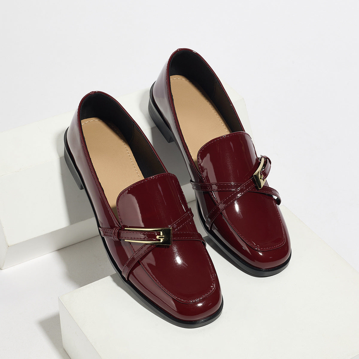 Casual All-Match Patent Leather Square Toe Leather Shoes 
