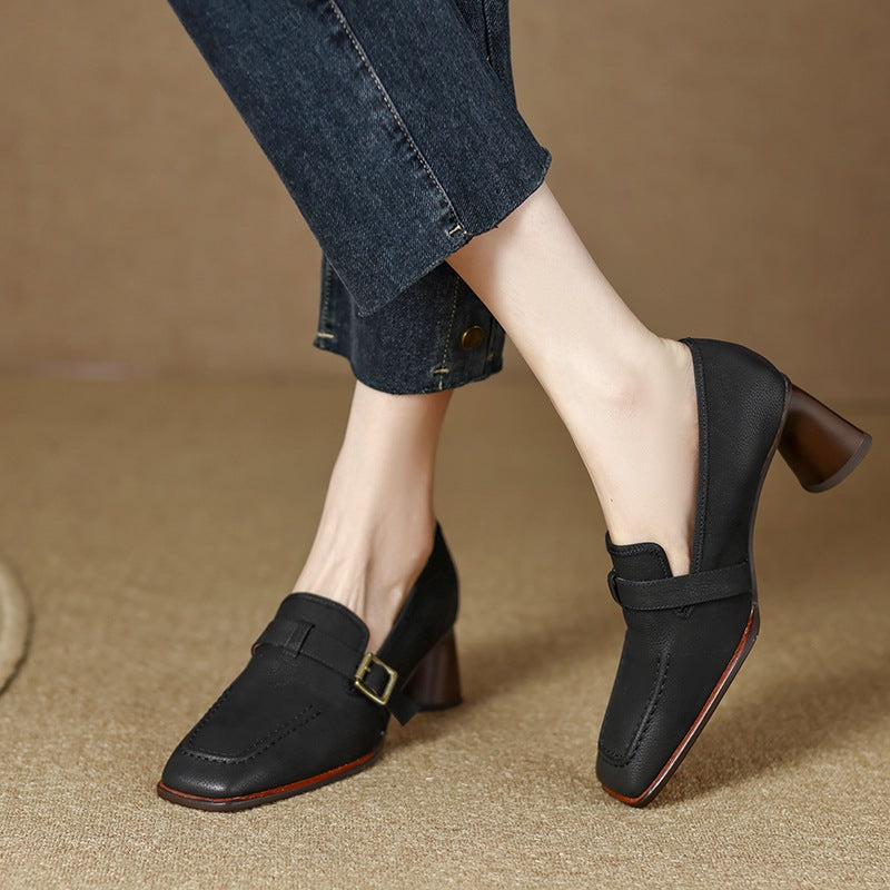 Womens Retro Brown Commuter British Style Leather Shoes With Chunky Heels 