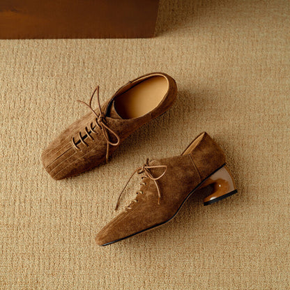 Womens New Retro Sheepskin Chunky-Heel Pumps With A Square Toe 