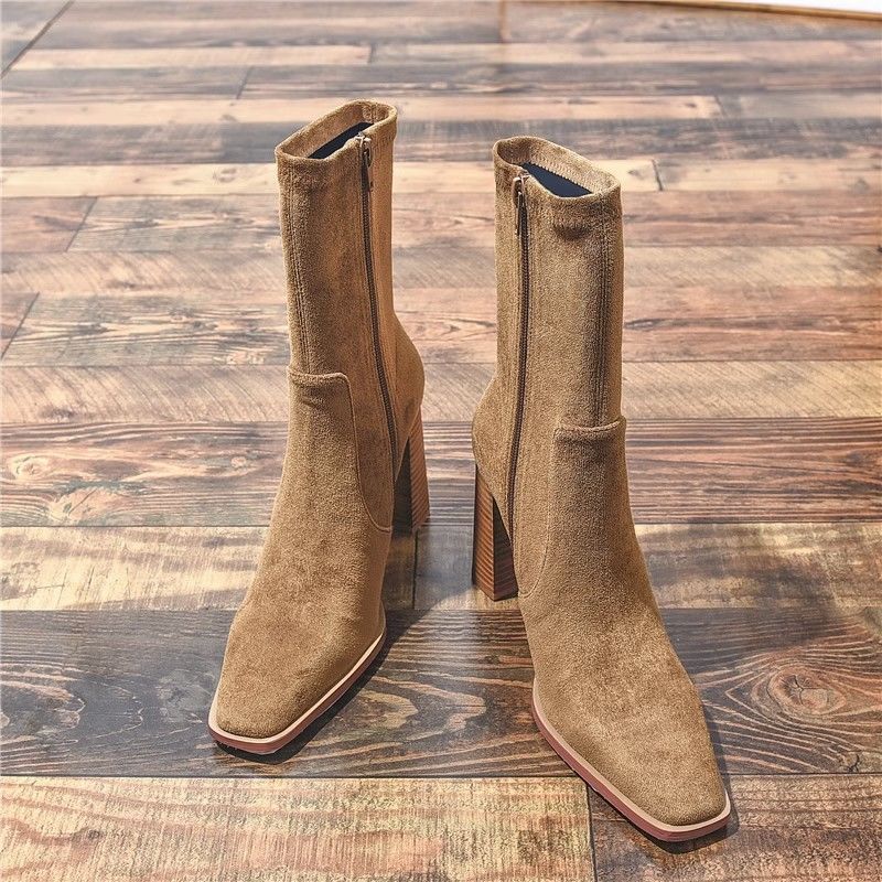 New Square Toe Fleece-lined New Chunky Heel French Boots 