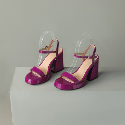 Womens Solid-color Round-toe Chunky-heel Sandals 
