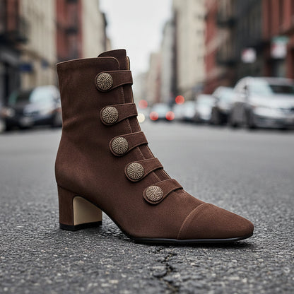 Retro High-heeled Ankle Boots For Women New Autumn Style Suede Round Toe Side Zipper Chunky Heel 