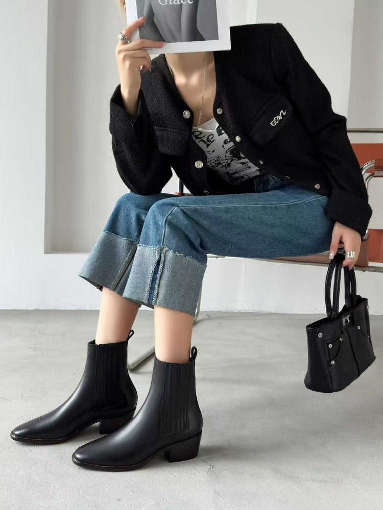 Mid-heel Chunky-heel Retro Square-toe Matte Leather Womens Boots 