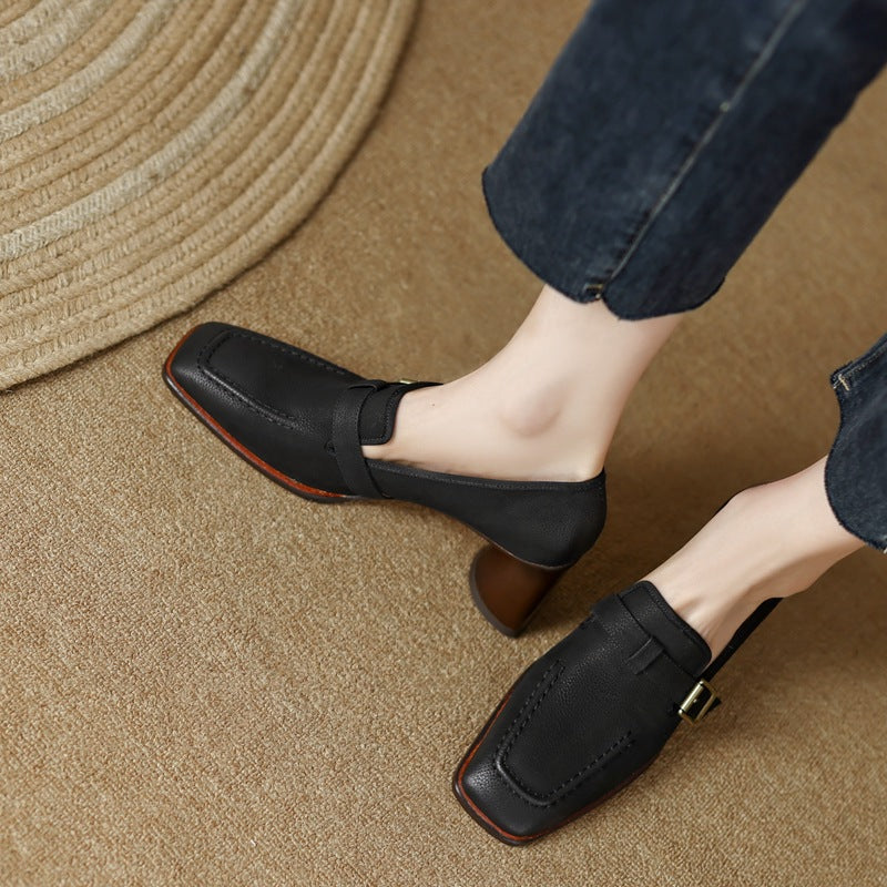 Womens Retro Brown Commuter British Style Leather Shoes With Chunky Heels 
