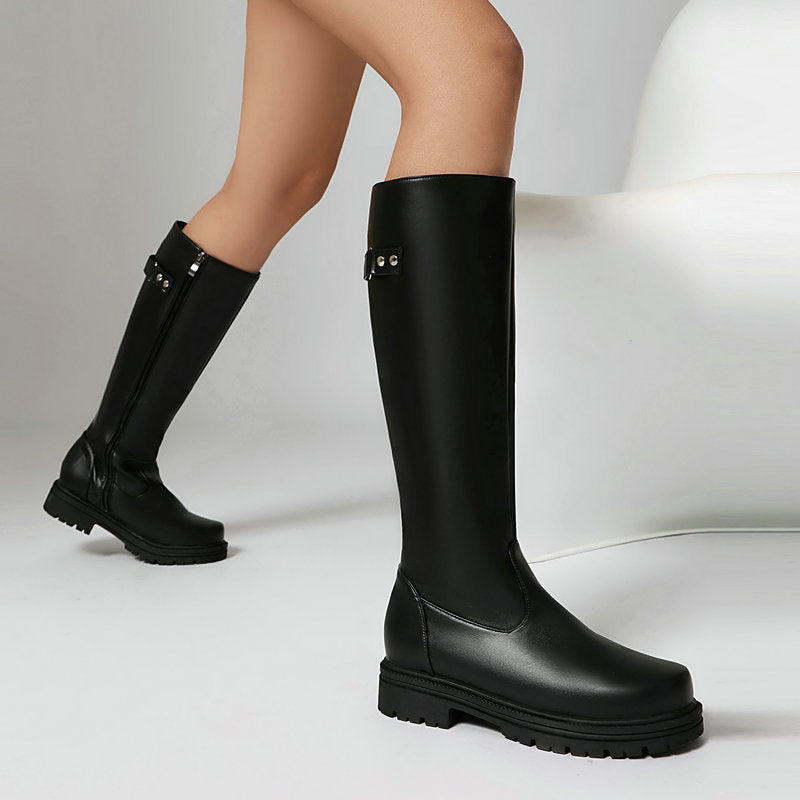 Womens Retro British-Style Leather Belt-Buckle Riding Boots 