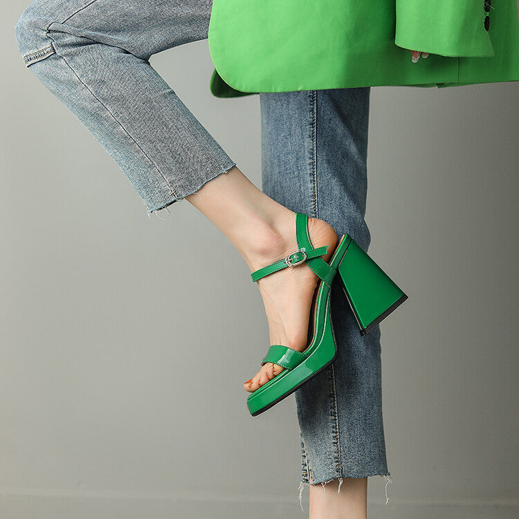 Womens Solid-color Round-toe Chunky-heel Sandals 