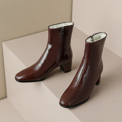 Women's Short Boots, Chunky Mid-heel, Thick Fur Snow Boots, Cotton Boots 