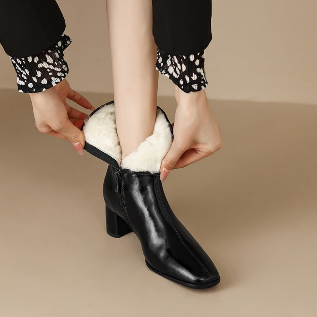 Women's Short Boots, Chunky Mid-heel, Thick Fur Snow Boots, Cotton Boots 