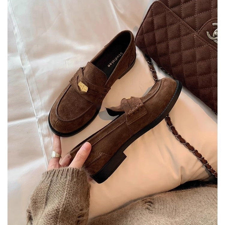 Round-toe Small Gold Coin Loafers British-style Leather Slip-ons 