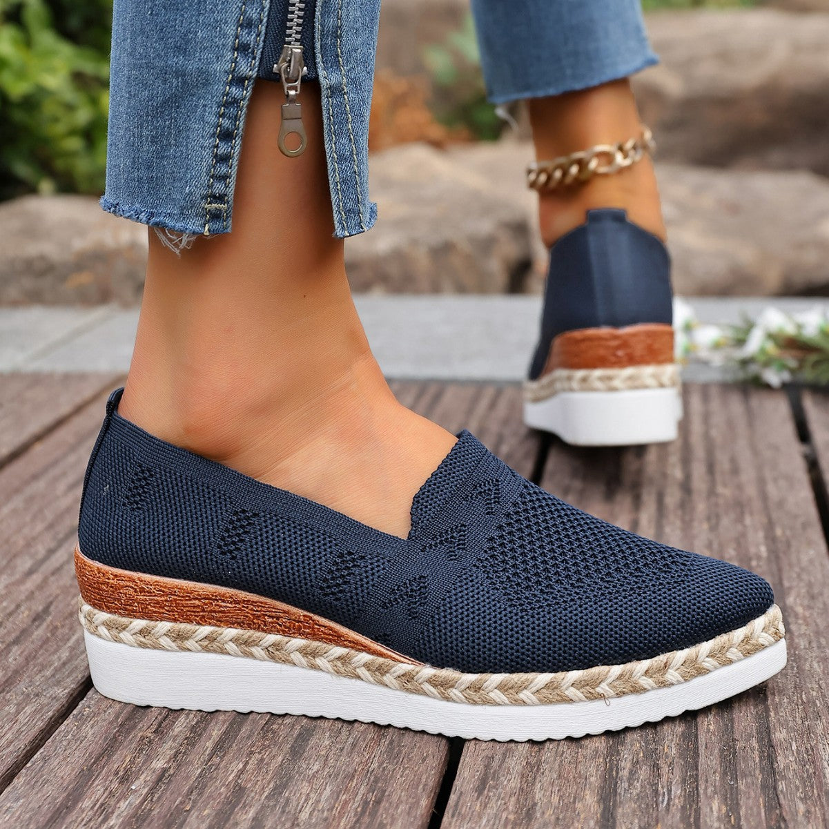 Woven Hemp Rope Platform Shallow Breathable Snakeskin Pointed Toe Women's Flats 