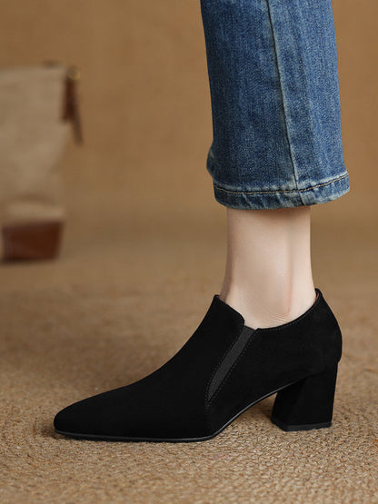 Suede-textured Deep-toe Pointed-toe Chunky-heel Shoes 
