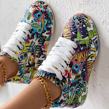 Women's Casual Round Toe Thick Sole Lace-Up Sneakers, Random Print Design, Comfortable Sporty Shoes For Daily Wear CJ US