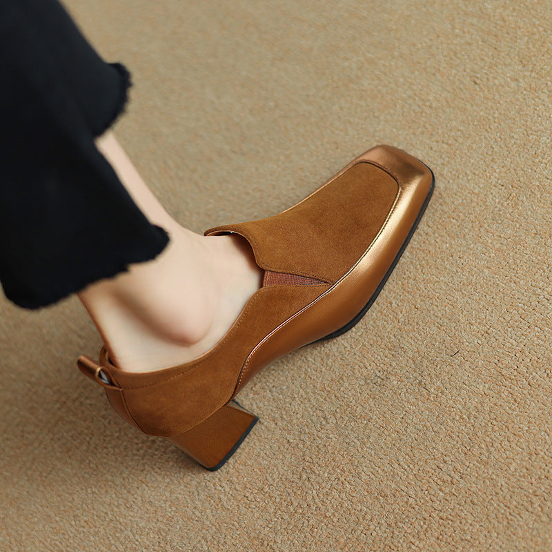 Womens Retro Black Square-Toe High Heels 