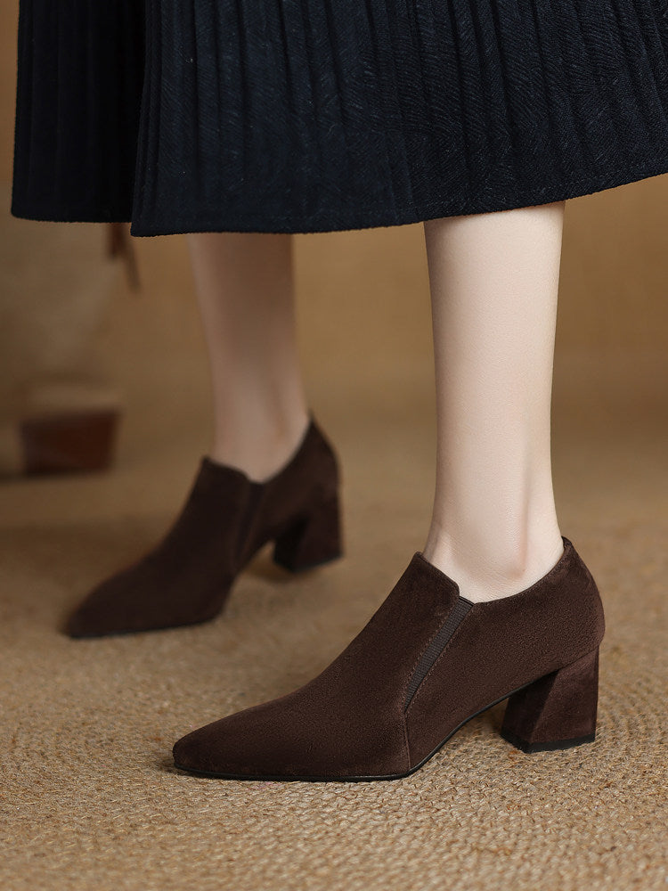 Suede-textured Deep-toe Pointed-toe Chunky-heel Shoes 